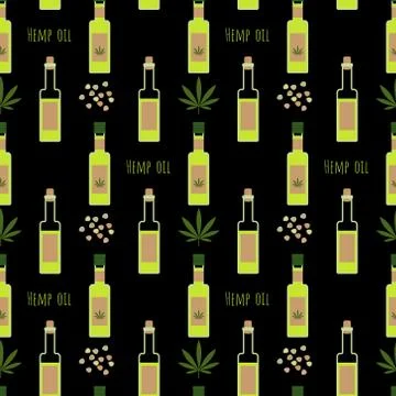 Hemp oil seamless pattern on black background Stock Illustration
