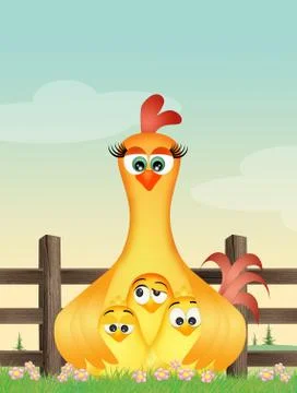 Hen and chick in the farm Stock Illustration