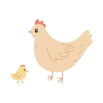 Hen and chick vector flat hand drawn style farm animal character mother bird Stock Illustration