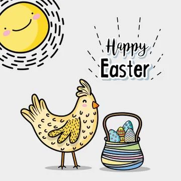 Hen and sun with eggs easter inside hamper Stock Illustration