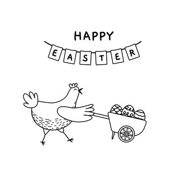 Hen and wheelbarrow with Easter eggs. Coloring page. Black and white hen. Vector Stock Illustration