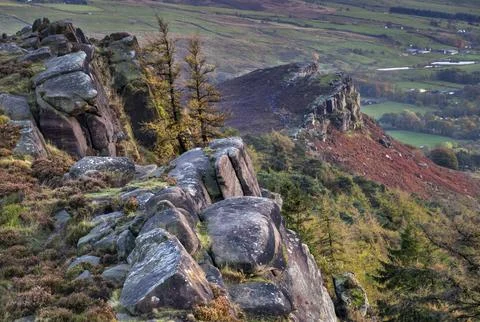 Hen Cloud from The Roaches rock formation in autumn, near Leek, Peak District Stock Photos