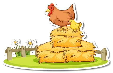 Hen with little chick standing on haystack sticker Stock Illustration