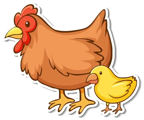 Hen with little chick in standing pose sticker Stock Illustration