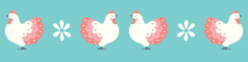 Hen pattern border design. Vector farm chicken repeat banner backgound. 스톡 일러스트