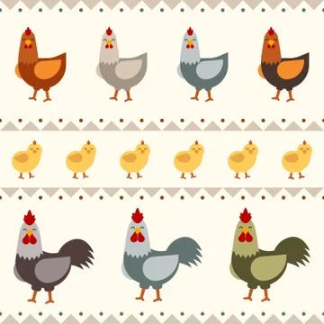 Hen, rooster and chicken flat vector illustration. Seamless pattern 스톡 일러스트