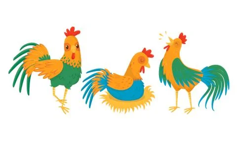 Hen Sitting on Eggs and Walking in the Yard Vector Set Stock Illustration