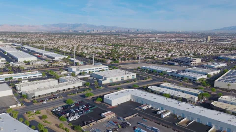 Henderson Nevada Aerial Pullback View of Industrial Warehouses and Vegas Skyline Stock-Footage 333934978