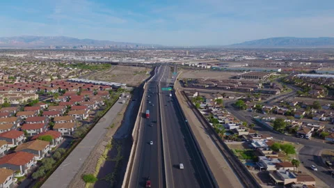 Henderson Nevada Pullback Aerial of Freeway Interchange and Las Vegas Skyline 02 Видео 333933856
