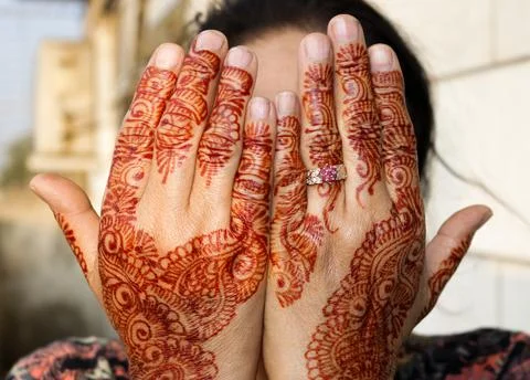 Henna designed hands of a middle aged women. Foto stock