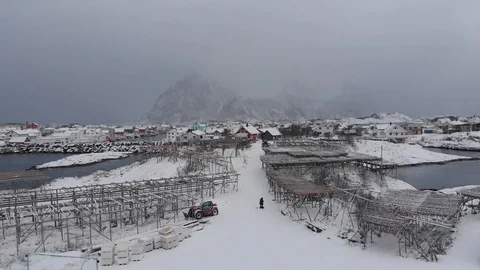 Henningsvaer under the mist during the winter Stock Footage 106924866