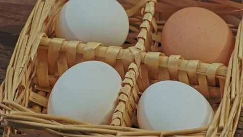Hen's eggs in a woven straw basket. Happy Easter. Stock Footage 168368053