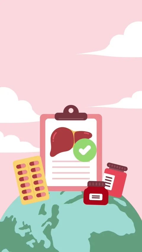 Hepatitis Day on July 28 featuring a liver illustration and health equipment Video stock 311916162