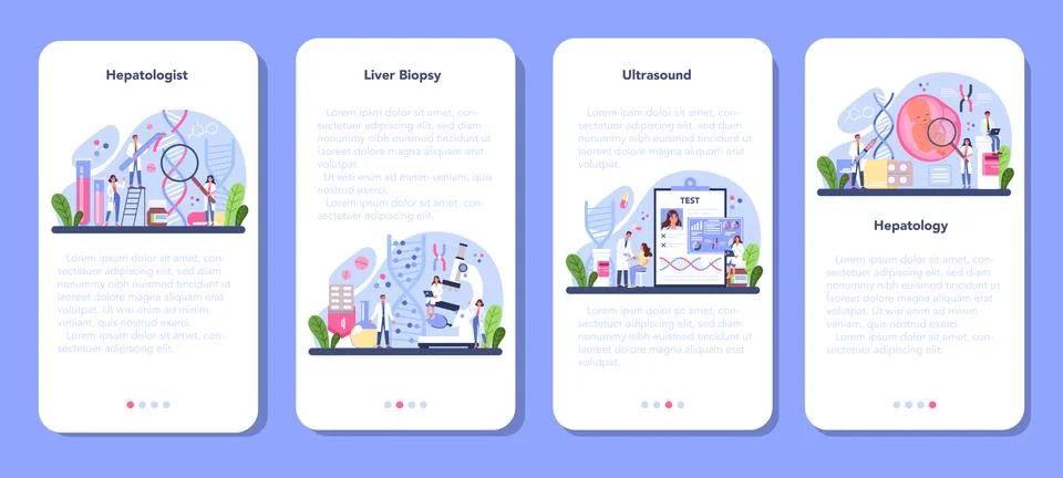 Hepatologist mobile application banner set. Doctor make ultrasound Stock Illustration