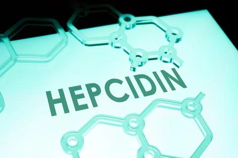 Hepcidin protein on the screen and plastic chemical models. Stock Photos