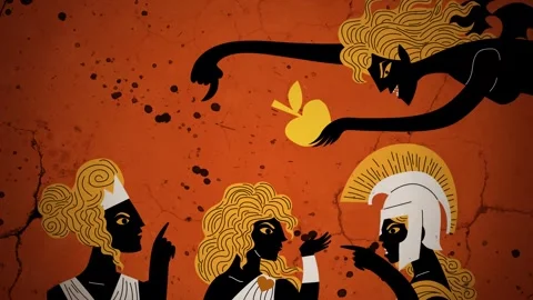 Hera athena aphrodite fighting over the golden apple of eris Stock Footage 342367471