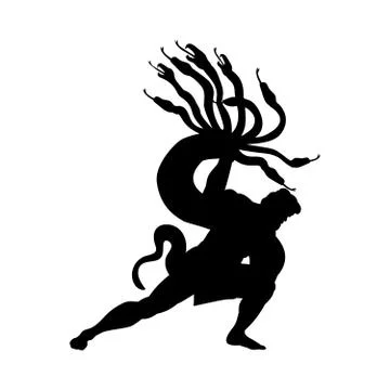 Heracles fights Hydra silhouette ancient mythology fantasy Stock Illustration