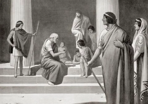Heraclitus playing at dice with boys in order to show his contempt for the us Stock Photos