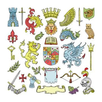 Herald vector heraldic shield and heraldry vintage emblem of crown lion or Stock Illustration