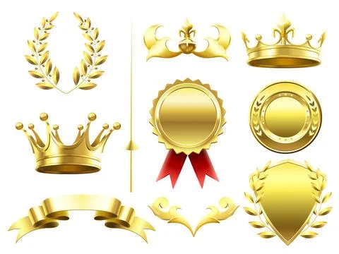 Heraldic 3D elements. Royal crowns and shields. Sport challenge winner gold.. Stock Illustration