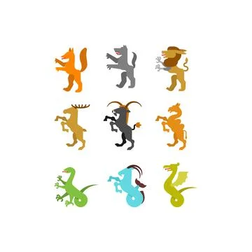 Heraldic animal set. Fox, wolf and Alphyn. Deer, camel and Yale. Salamndra, g Stock Illustration