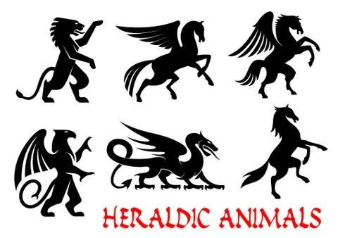 Heraldic animals emblems silhouette elements Stock Illustration