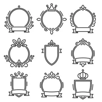 Heraldic Baroque Frame Set on White Background. Line Style Vector 库存插图