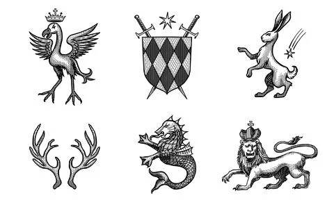 Heraldic bird, rabbit or hare and lion with horns for coat of arms design and Stock Illustration