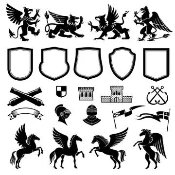 Heraldic design elements with animals and shields Stock Illustration
