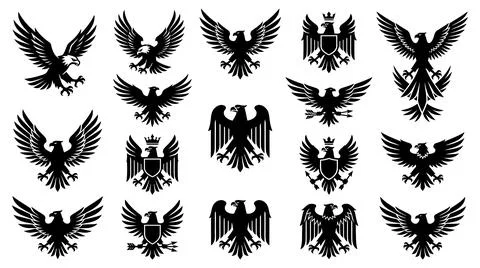 Heraldic eagle silhouette collection vector graphic design elements set Stock Illustration