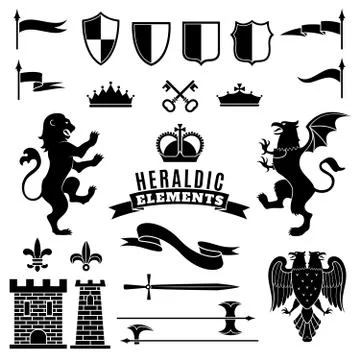 Heraldic Elements Black White Set Stock Illustration