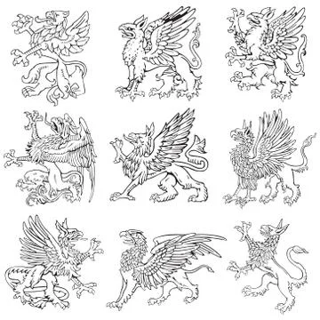 Heraldic gryphons set Stock Illustration