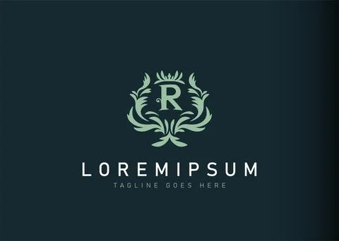 Heraldic initial letter R logo design. Vector illustration of elegant floral  Иллюстрация