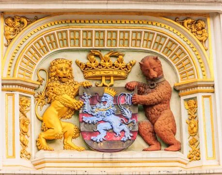 Heraldic lion and bear, town hall Coat of arms , the city arm of Bruges Stock Photos