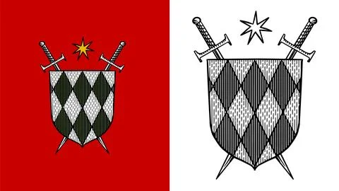 Heraldic shield and swords with a star for coat of arms design and shield. Hand Stock Illustration