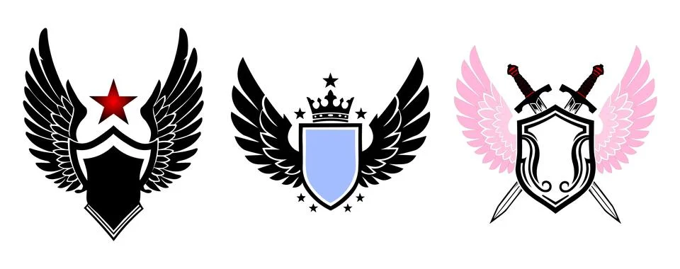 Heraldic Shield Emblems with Wings, Crown and Swords Vector Set Stock Illustration