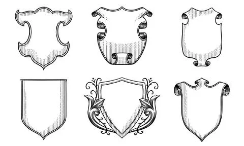 Heraldic shields for coat of arms design. Hand drawn engraving in old Stock Illustration