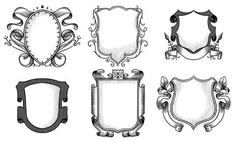 Heraldic shields for coat of arms design. Hand drawn engraving in old Stock Illustration