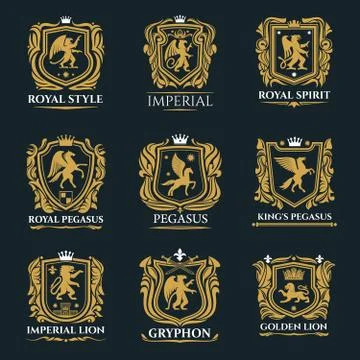 Heraldic shields with lions, eagle, crowns, swords Stockillustratie