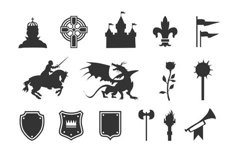 Heraldic symbols and elements. Medieval clip art silhouettes Stock Illustration