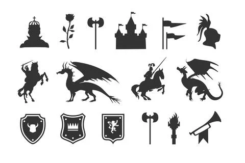 Heraldic symbols and elements. Medieval clip art silhouettes Stock Illustration