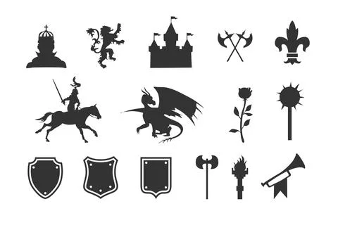 Heraldic symbols and elements. Medieval clip art silhouettes Stock Illustration