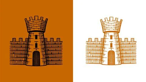 Heraldic tower with a gate of a castle for coat of arms design and shield. Hand Stock Illustration