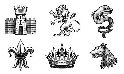 Heraldic tower, lion and wolf with crown, dolphin for coat of arms design and Stock Illustration