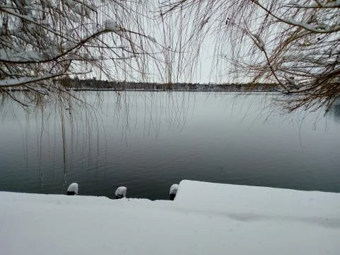 Herastrau lake after the first snow in Bucharest 2020 Stock Photos
