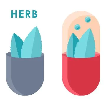 Herb capsule sticker set on white isolated backdrop for web template. Stock Illustration