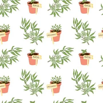 Herb Pots and Olive Branches Pattern in Mediterranean Garden Style Stock Illustration