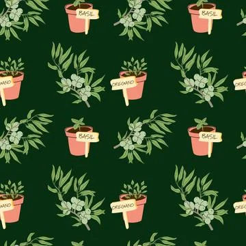 Herb Pots Pattern Design in Mediterranean Garden Style Stock Illustration