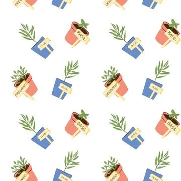 Herb Pots Pattern Design for Mediterranean Garden Style Stock Illustration
