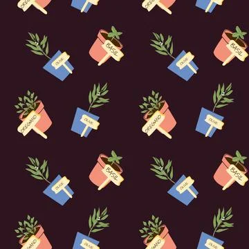 Herb Pots Pattern Design for Mediterranean Garden Style Stock Illustration